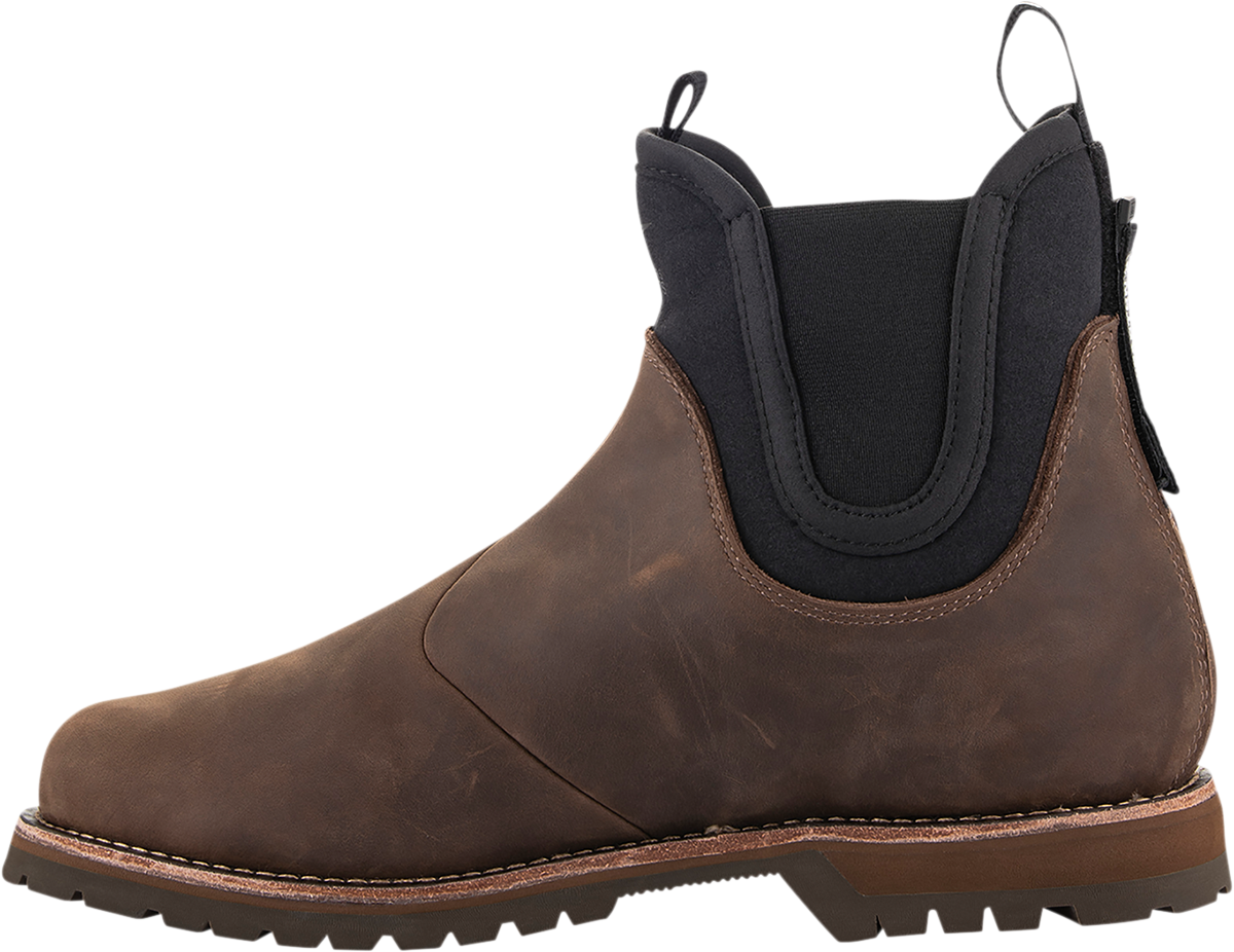 Alpinestars Turnstone motorcycle boots in black and brown, US size 13, showcasing sturdy design and durable materials.