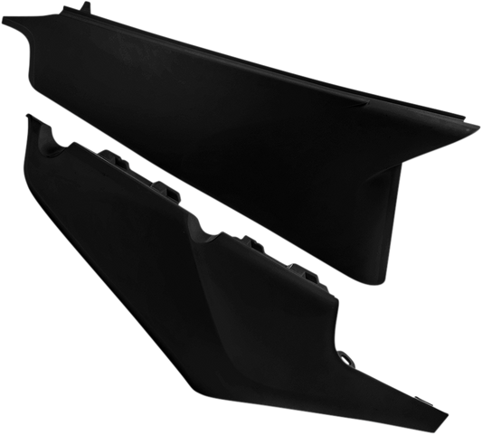 Black Acerbis side panels for motorcycle body, designed for compatibility with Bill's Exhausts models.