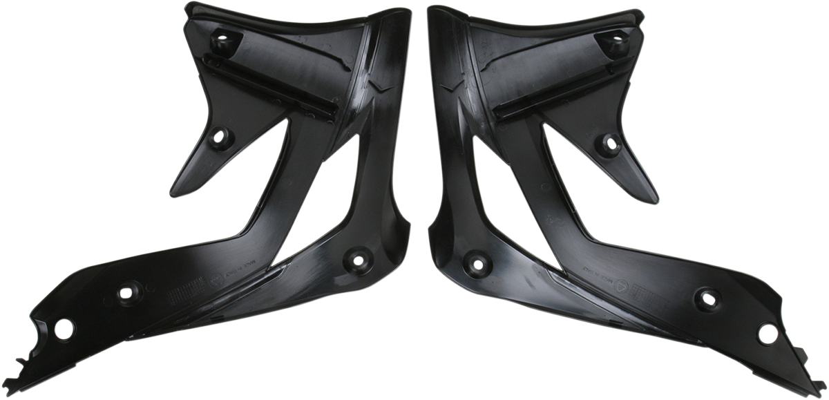 Acerbis black radiator shrouds for motorcycles, designed to protect and enhance the body of the bike, with sleek black finish.
