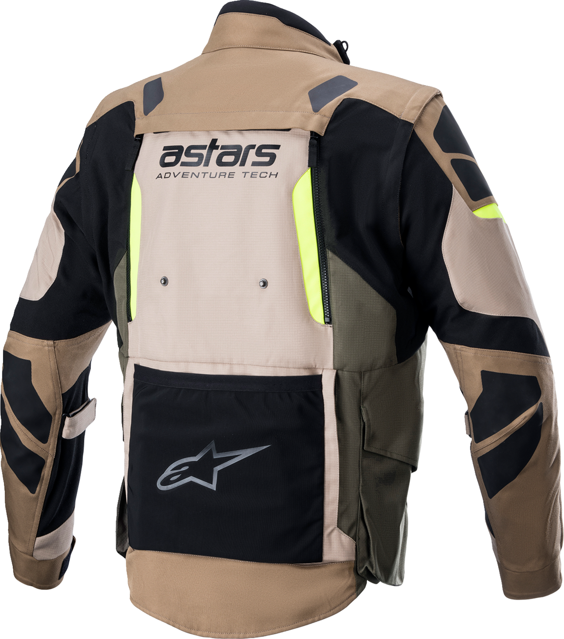 Alpinestars Halo Drystar® motorcycle jacket in black, sand, and yellow, 2XL size, with visible zippers and protective design features.