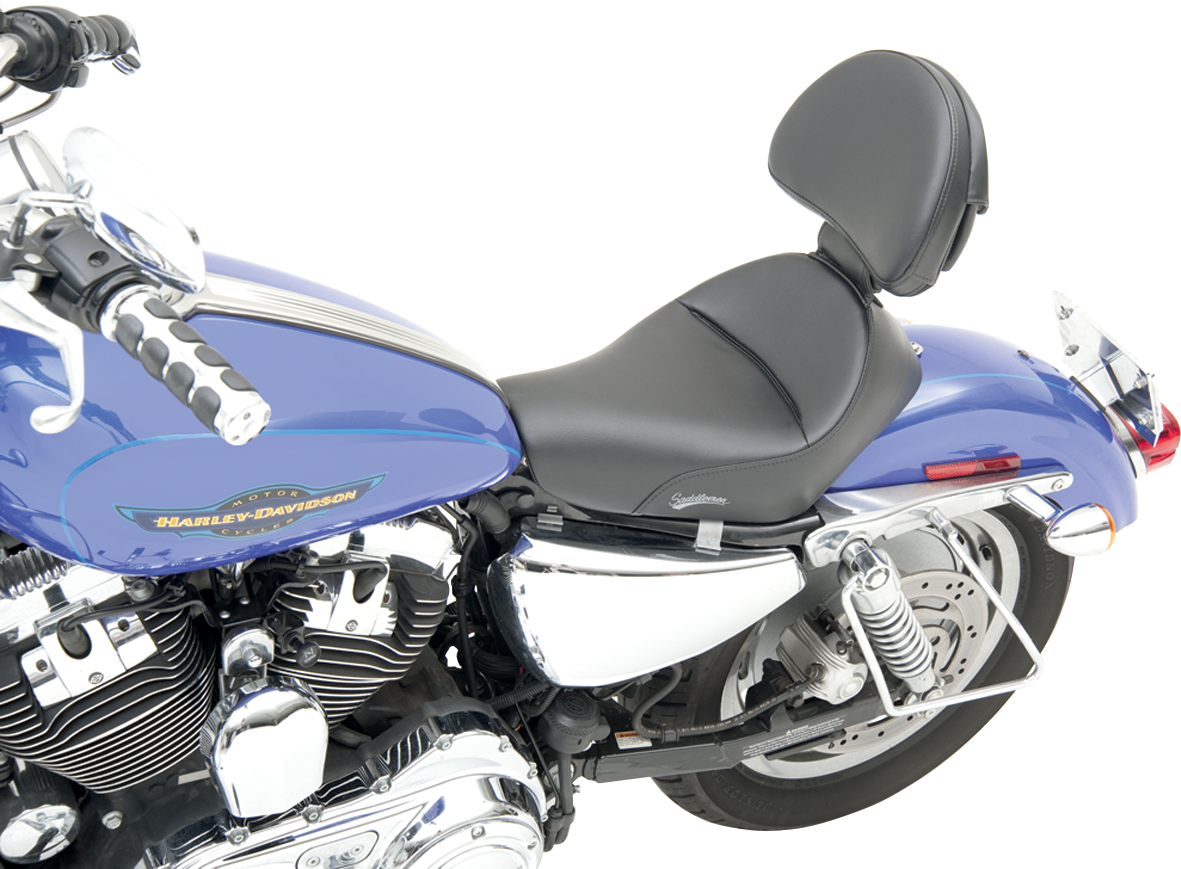 Black Saddlemens Heels Down Solo Seat with backrest for motorcycles, designed for comfort and style.