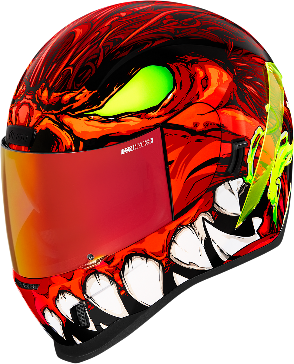 Red ICON Airform™ helmet for men, medium size, featuring sleek design and ventilation, designed for motorcycle riding.