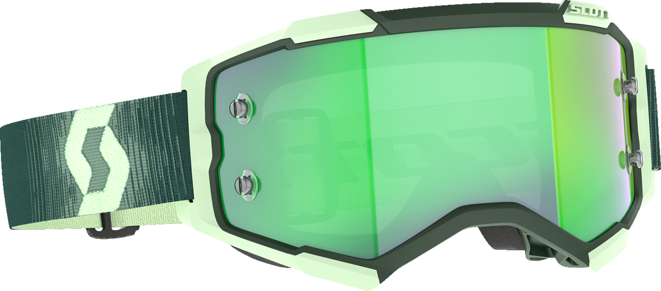 Scott Fury motocross goggles with dark green and mint frame, green chrome lenses, designed for off-road riding and eye protection.