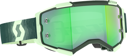 Scott Fury motocross goggles with dark green and mint frame, green chrome lenses, designed for off-road riding and eye protection.