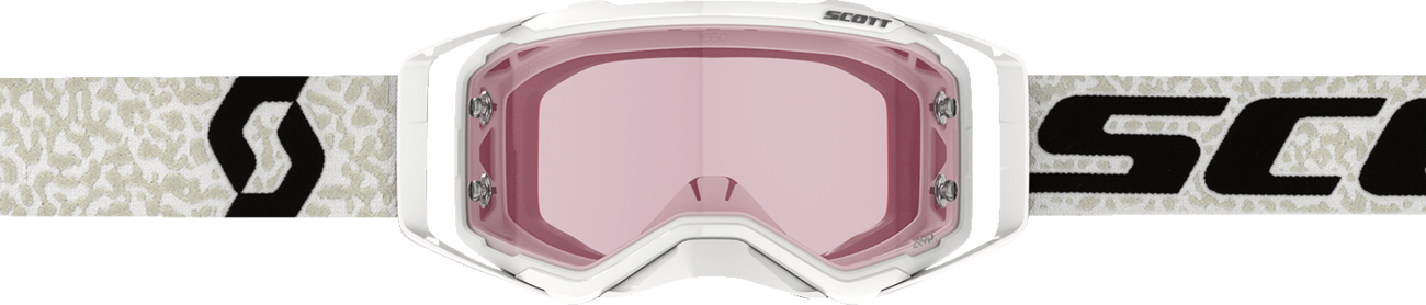 Scott Prospect Amplifier Goggle in white and black with rose-tinted lenses, designed for motorcycle riding.