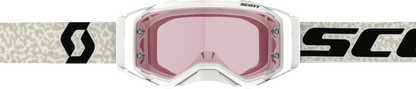 Scott Prospect Amplifier Goggle in white and black with rose-tinted lenses, designed for motorcycle riding.