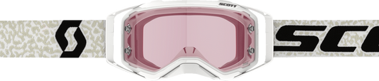 Scott Prospect Amplifier Goggle in white and black with rose-tinted lenses, designed for motorcycle riding.