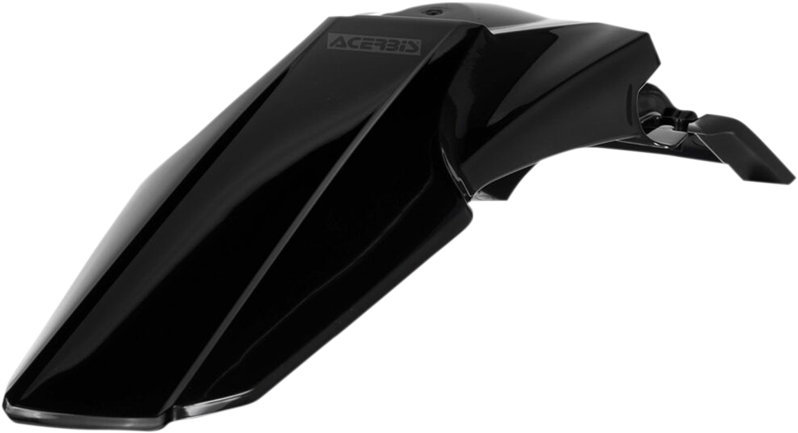 Black Acerbis rear fender for motorcycle, durable body part with brand-specific design, shown in close-up image.