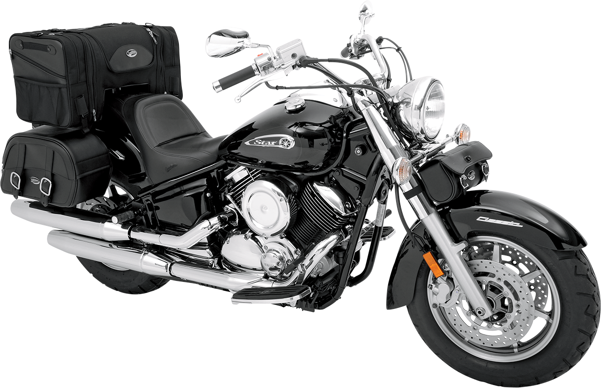 Bill's Exhausts SADDLEMEN Deluxe Cruiser Tail Bag 3516-0036 mounted on motorcycle seat with storage compartments and durable straps