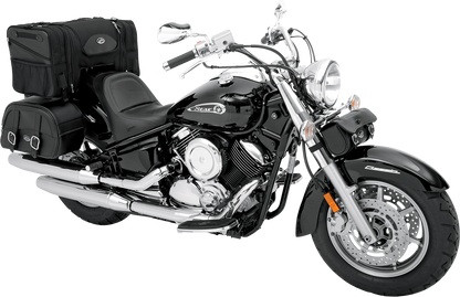Bill's Exhausts SADDLEMEN Deluxe Cruiser Tail Bag 3516-0036 mounted on motorcycle seat with storage compartments and durable straps