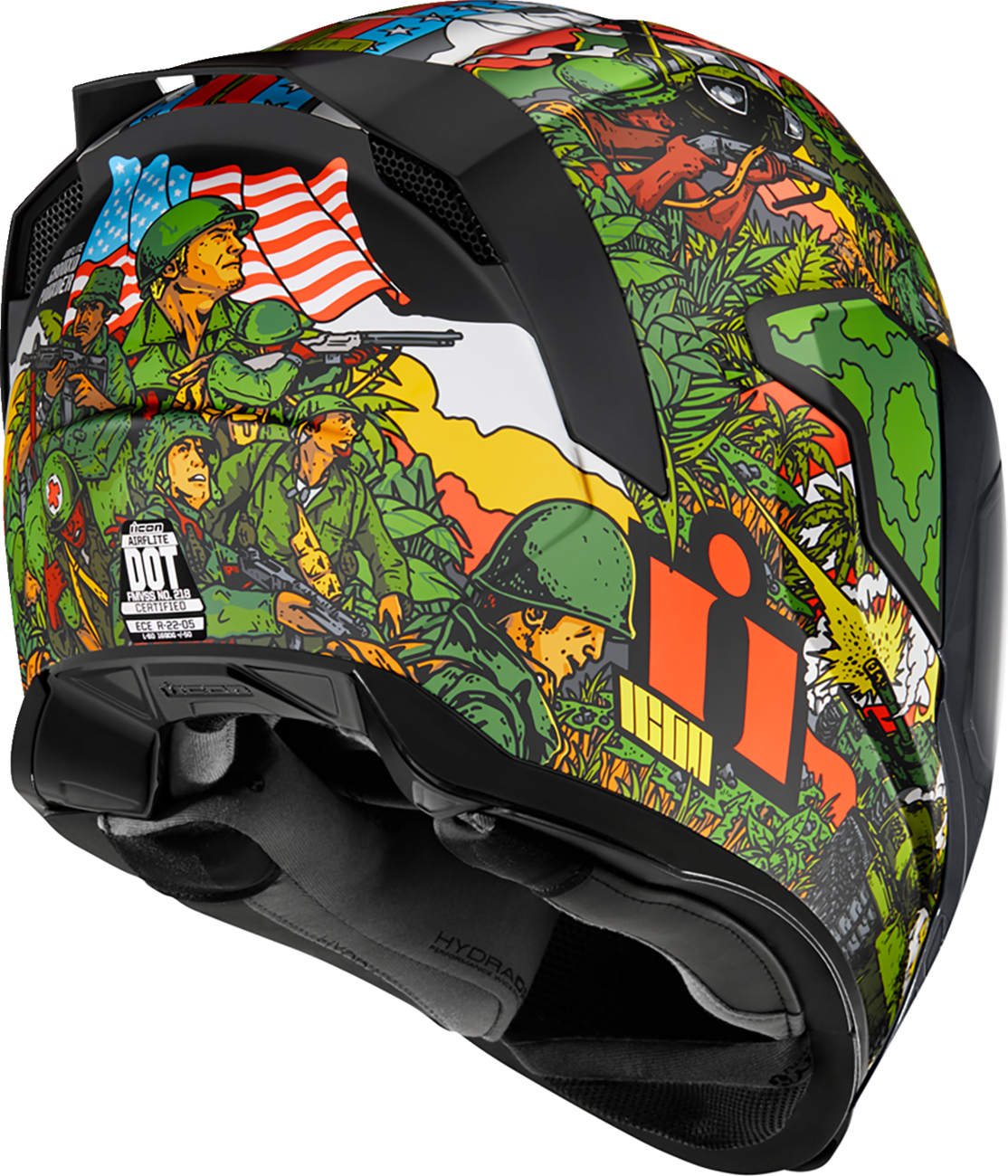 ICON Airflite GP23 motorcycle helmet in green, medium size, featuring aerodynamic design and bold graphics.