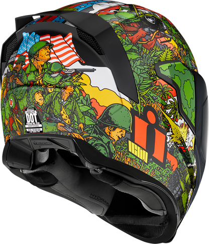 Green ICON Airflite™ GP23 motorcycle helmet with XS size and aerodynamic design, featuring sleek graphics and ventilation.