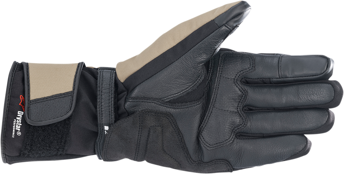 Alpinestars Denali Aerogel Drystar gloves in black, khaki, and fluo red with protective features, medium size, close-up view