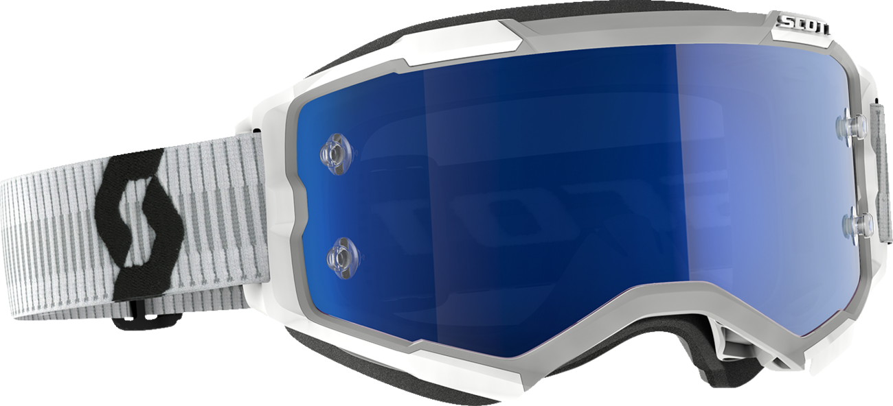Bill's Exhausts SCOTT Fury Goggle in white and black, showing the sleek design and adjustable strap.