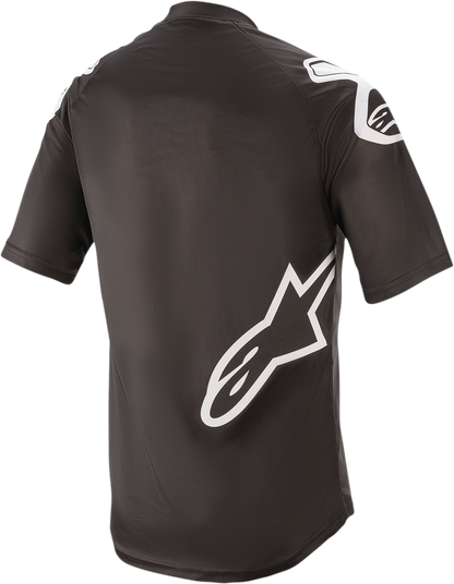 Alpinestars Racer V2 motorcycle jersey in black and white, 2XL size, featuring breathable fabric and sporty design.