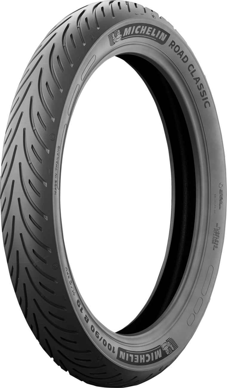 Michelin Road Classic rear tire 130/80B17 65H for motorcycles, with tread pattern and sidewall details visible.