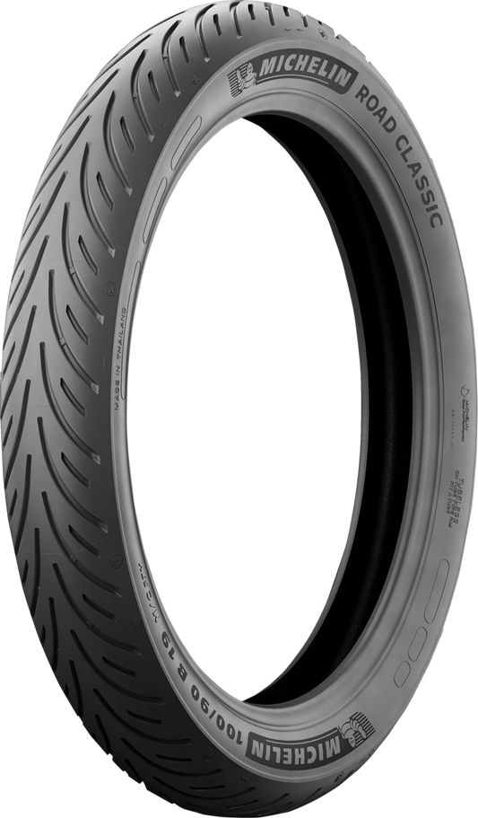 Michelin Road Classic front motorcycle tire with 100/90B19 size and 57V load rating, featuring tread pattern and sidewall details.