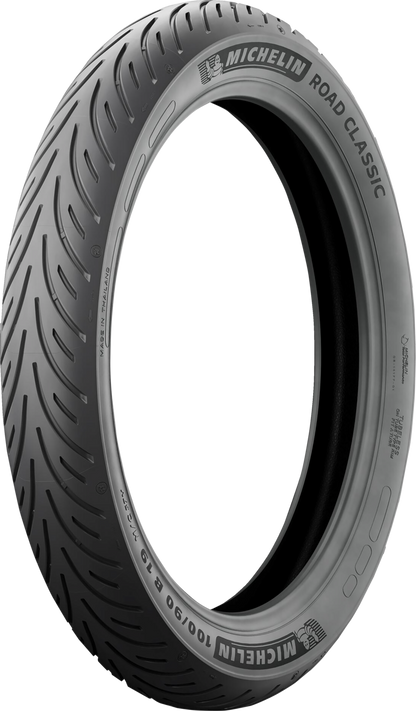 Michelin Road Classic front motorcycle tire 100/90-18 56V mounted on wheel, showing tread pattern and sidewall details