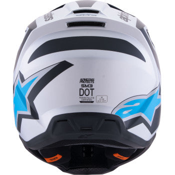 Alpinestars SM3 motorcycle helmet in matte silver, blue, and black with XS size, featuring a sleek aerodynamic design.