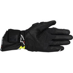 Alpinestars SP-3 motorcycle gloves in black, fluo yellow, and white, small size, showing reinforced knuckles and breathable material.