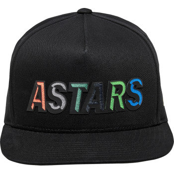 Black Alpinstars Candy Hat with bill, one size fits most, featuring a stylish design and adjustable strap.