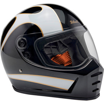 Biltwell Lane Splitter helmet in gloss black with white flame design, XS size, motorcycle helmet for street riding.