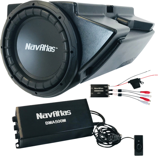 Bill's Exhausts NAVATLAS 10-inch NRZ10BPK subwoofer kit engine component with black finish and wiring visible.
