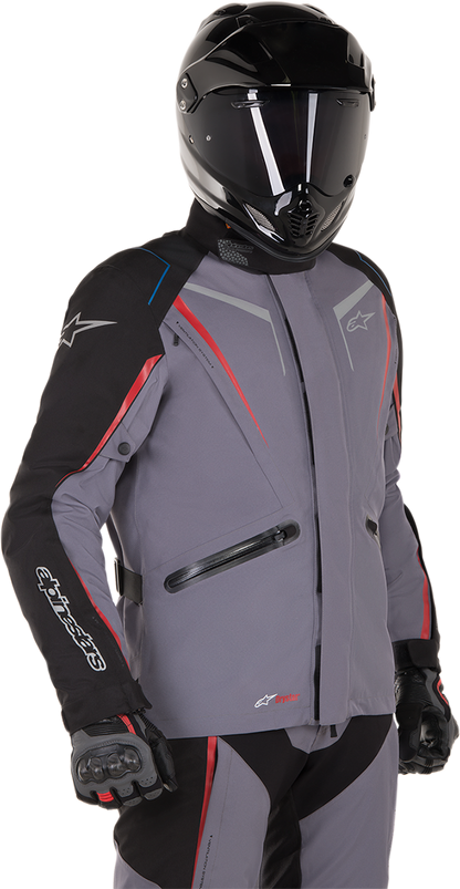 Alpinestars Yokohama Drystar® motorcycle jacket in gray, black, and red with 2XL size, shown on a hanger.