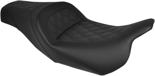 Black Saddlemens Slim Seat with lattice stitch for '08-'23 Harley FL motorcycles, featuring a sleek and comfortable design.
