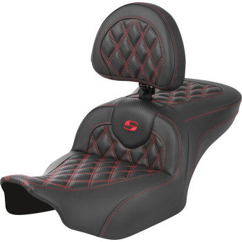 Bill's Exhausts SADDLEMEN RoadSofa™ motorcycle seat with backrest, carbon fiber finish, lattice stitch, and red stitching for FLTR/FLHX 2023-24