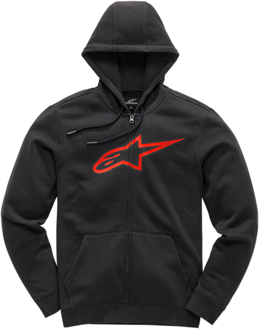Alpinestars Ageless 2 zip hoodie in black and red, large size, with front zipper and logo details, casual streetwear style.