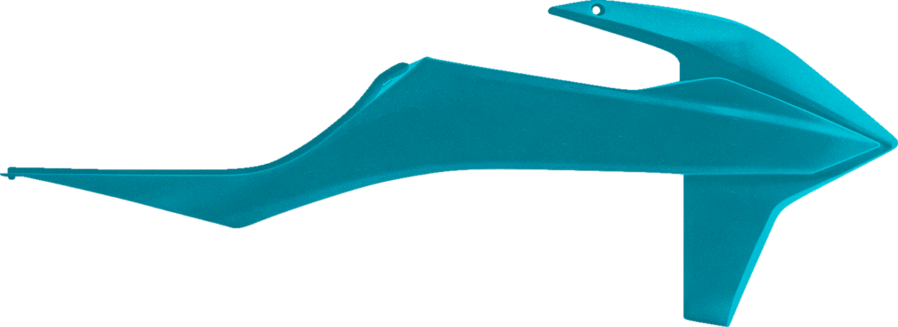 Acerbis radiator shrouds in teal and metallic finish, designed for motorcycle body protection and style.