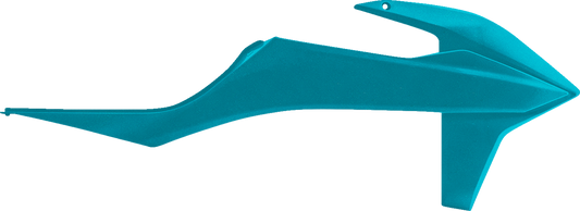 Acerbis radiator shrouds in teal and metallic finish, designed for motorcycle body protection and style.