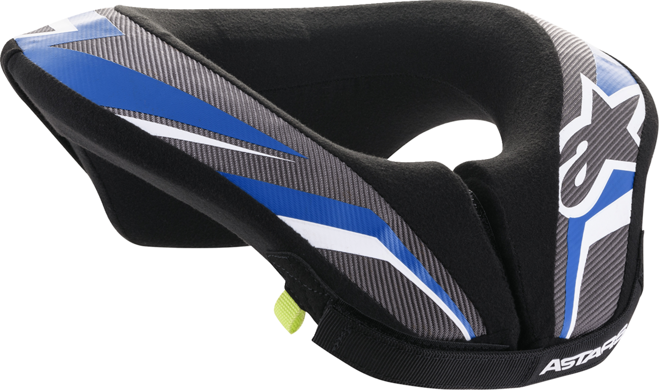 Alpinestars Youth Sequence Neck Roll in black, anthracite, and blue, designed for motorcycle helmets, size S/M, shown in image.