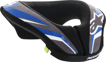 Alpinestars Youth Sequence Neck Roll in black, anthracite, and blue, designed for motorcycle helmets, size S/M, shown in image.