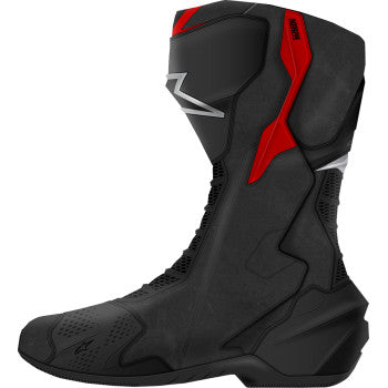 Alpinestars SMX-6 V3 motorcycle boots in black, silver, and red with protective features, US size 9, EU 43, on a neutral background.