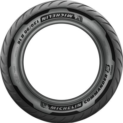 Michelin Commander III front motorcycle tire 100/90B19 with 57H load and speed rating, showing tread pattern and sidewall details.