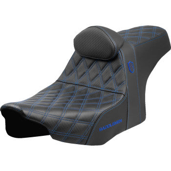 SADDLEMEN Pro Series SDC performance motorcycle seat with blue stitching and backrest for FLT/FLH 2023-2025, shown with backrest attached.