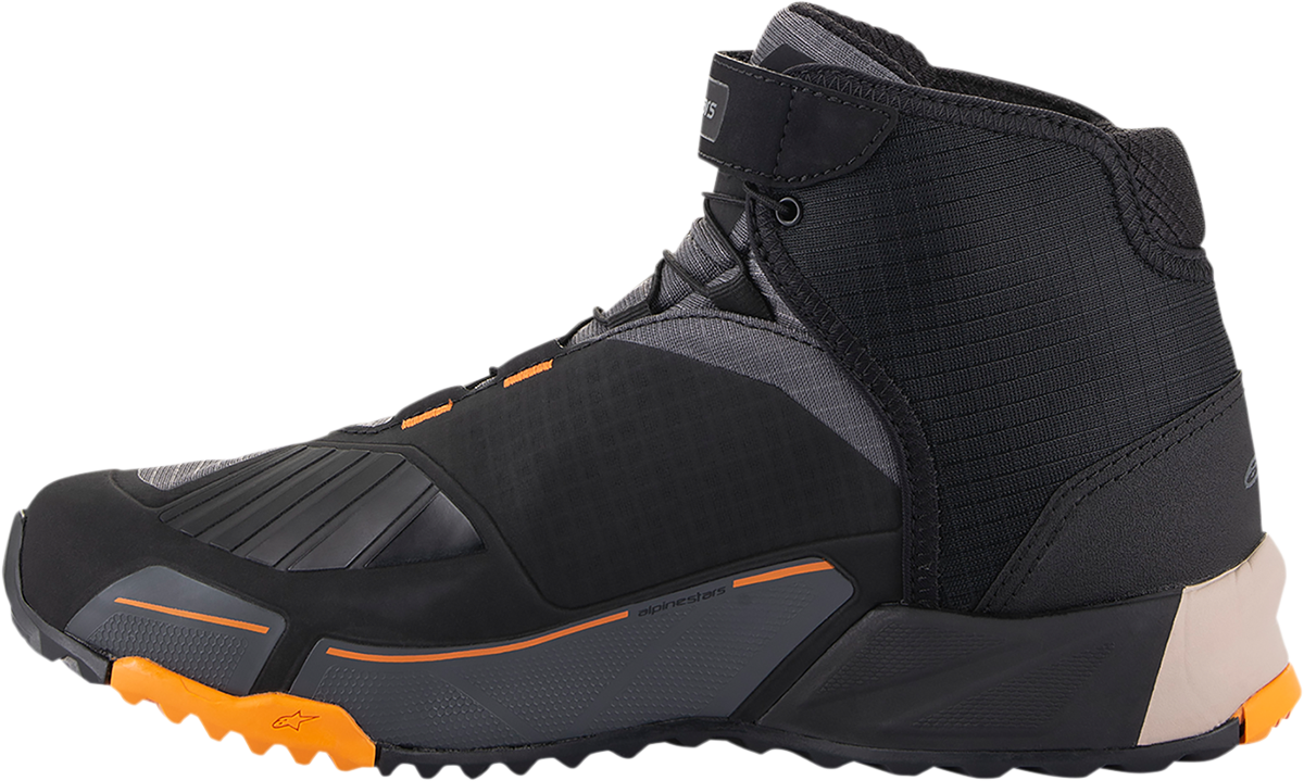 Black, brown, and orange Alpinestars CR-X Drystar shoes, US 13, showing side and top view with laces and durable design.