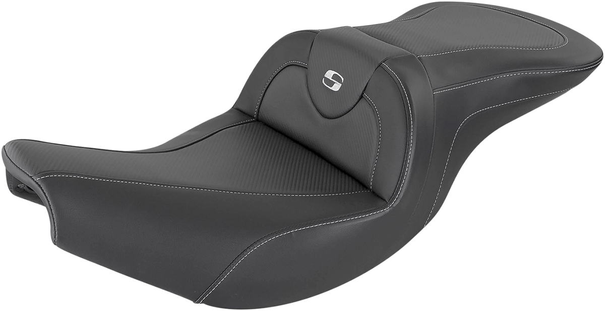 Black SADDLEMEN Roadsofa carbon fiber motorcycle seat without backrest, designed for Indian bikes, by Bill's Exhausts.