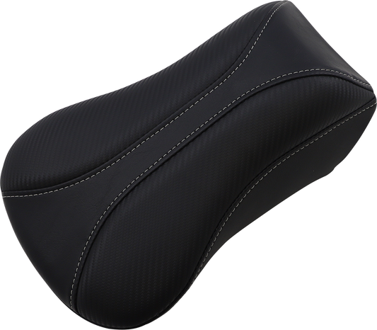 Black SADDLEMEN Dominator Pillion Pad with gray stitching, standard reach seat for motorcycles, designed for comfort and style.