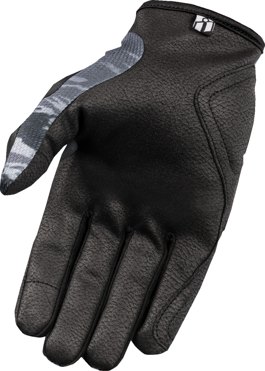 ICON Hooligan™ Tiger's Blood Gray Gloves in Medium size, featuring textured fabric and branding details, designed for comfort and style.