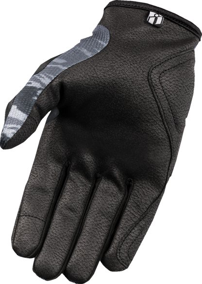 ICON Hooligan™ Tiger's Blood Gray Gloves in Medium size, featuring textured fabric and branding details, designed for comfort and style.