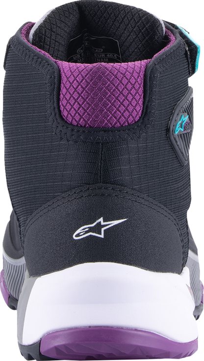 Alpinestars Stella CR-X Drystar® Motorcycle Shoes in black, gray, teal, and purple, US size 11, showing side view with branding.