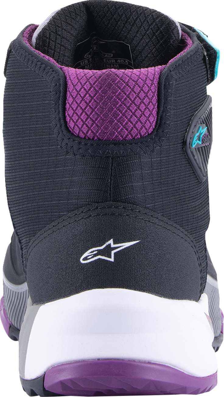 Alpinestars Stella CR-X Drystar® motorcycle shoes in black, gray, teal, and purple with US size 10.5, showing side and top view.