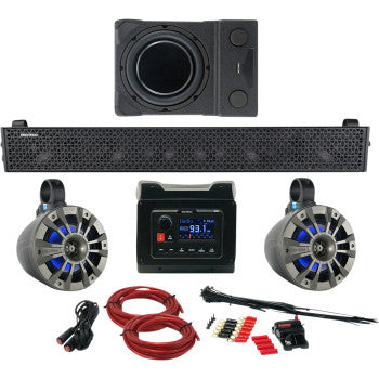 NAVATLAS Audio Kit Zone 4 Maverick X3 installed in a vehicle, featuring speakers and wiring for an upgraded audio system.