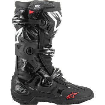Alpinestars Tech 10 Enduro motorcycle boots in black with protective features, size US 10, designed for off-road riding.