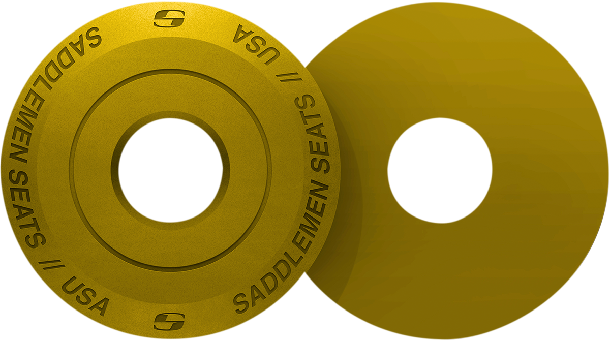 Gold SADDLEMEN Fender Seat Washer for seats, shown on a motorcycle, with a shiny gold finish and mounting hardware.