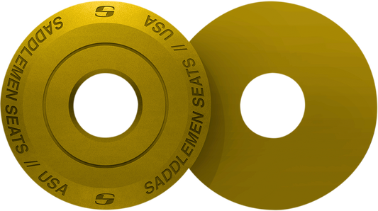 Gold SADDLEMEN Fender Seat Washer for seats, shown on a motorcycle, with a shiny gold finish and mounting hardware.