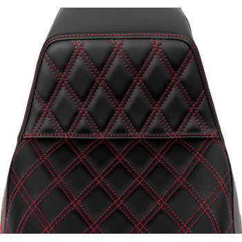 Bill's Exhausts SADDLEMEN front step-up seat with red lattice stitching for FLH/FLT models 2008-2023, featuring detailed stitching.